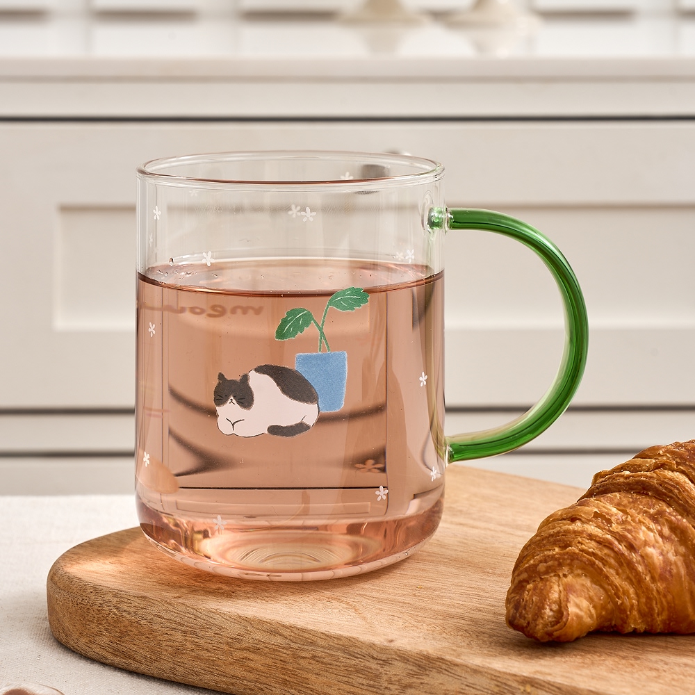 엠에이치앤코 모던하우스 L 우리집뚱냥이 내열 손잡이 유리잔 그린 400ml_이미지