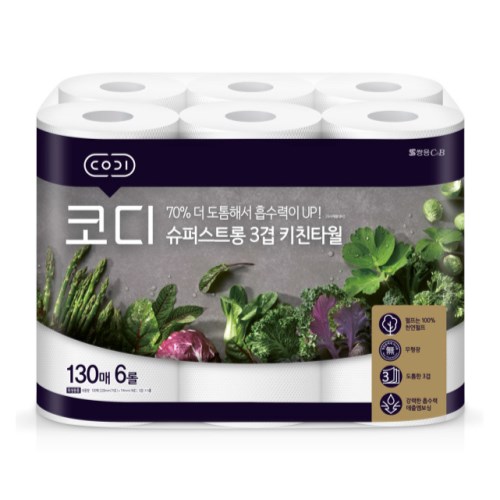쌍용C&B 코디 슈퍼스트롱 3겹 키친타월 130매 (6입)