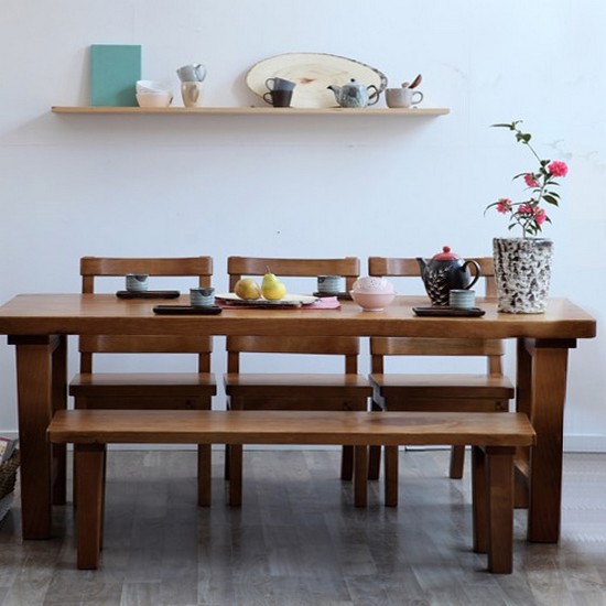 프라이드리빙 해찬솔원목이야기 소나무 통원목 식탁 1800 (등받이의자3개+1400긴의자)