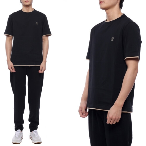 브루넬로 쿠치넬리 남성 레이어드 로고 반팔티셔츠 M0B137427G CBC71 24S