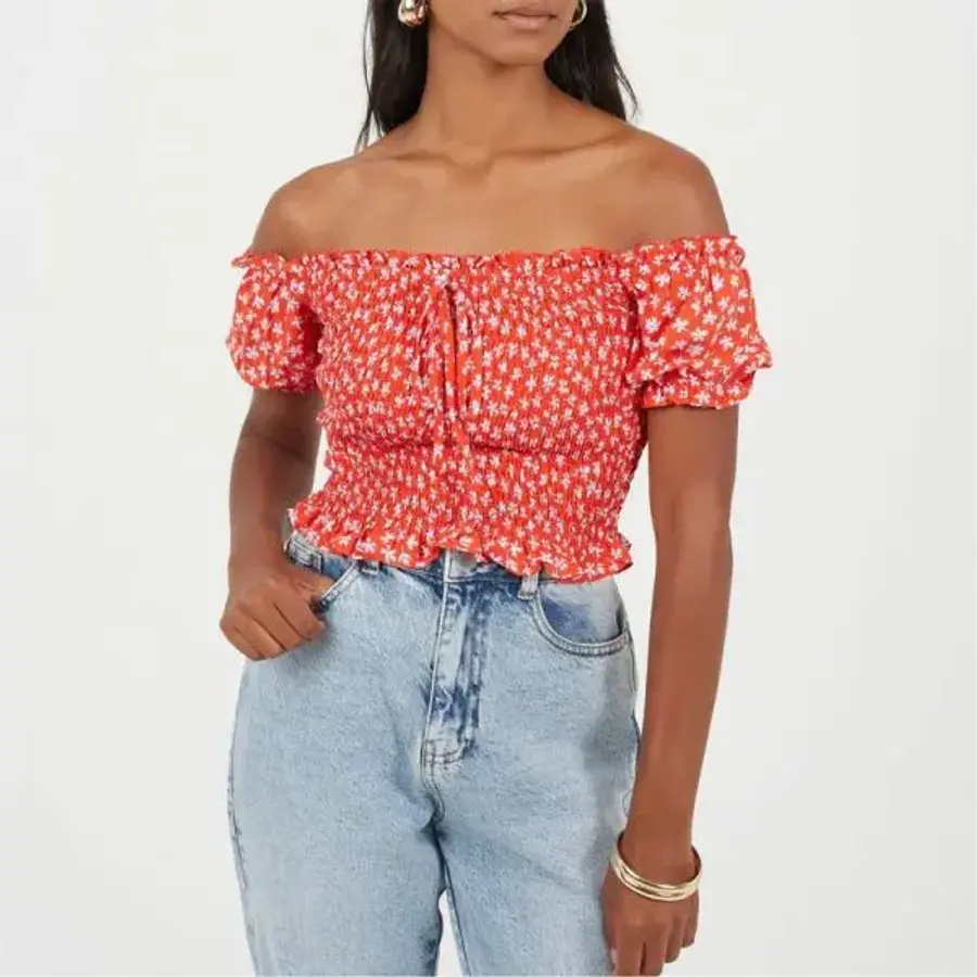 소울 Brave 브레이브 오프숄더 퍼프 소매 피전 블라우스 빨강/꽃무늬 7616372