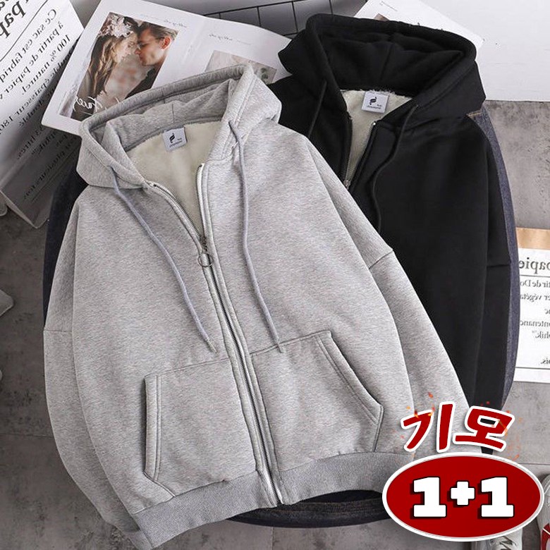 1+1 남녀공용 기모 맨투맨 후드 집업 자켓 트레이닝 방한 기모안감 아우터 양털 재킷 블랙+그레이 QM1214 M