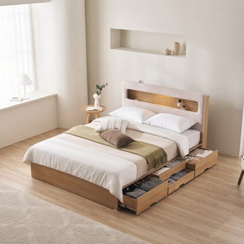 삼익가구 플로브 패브릭 템바보드 4단 수납 LED침대 Q (양모라텍스7존독립)_이미지