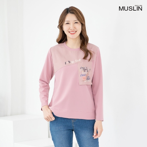 모슬린 엄마옷 티셔츠 긴팔 라운드 패치 TS603151 중년여성/50대/60대/70대/빅사이즈/할머니옷