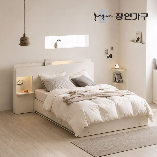 장인가구 리니에  플랫헤드 평상형 레일 서랍 빅수납LED침대 Q+협탁 (매트별도)_이미지