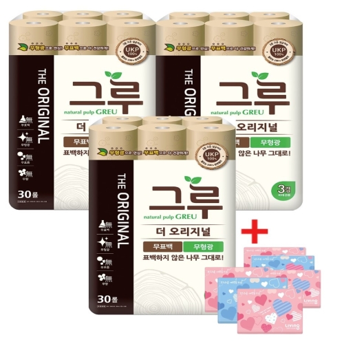 그루 더 오리지널 30m (30롤)*3팩 + 여행용티슈 40매*6팩 세트