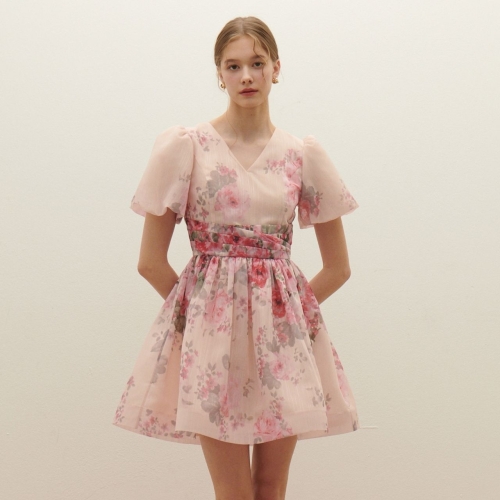 사틴 플로럴 퍼프 소매 원피스 S252T654