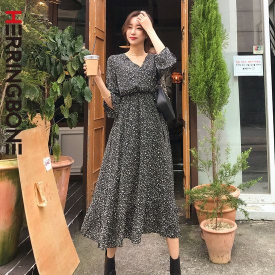 헤링본 여성 봄 가을 긴팔 롱 미디 원피스 블랙 플라워 프릴 쉬폰 맥시 빅사이즈 하객룩 HD022 3129914_이미지