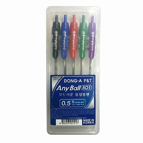 동아 애니볼 501 볼펜 0.5mm 세트 (5색)_이미지