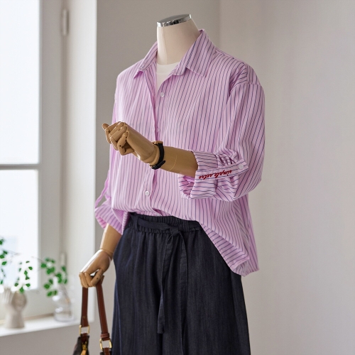 커스텀에이블 자수 롤업 스트라이프 셔츠_T2604BL049A