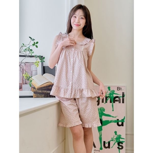 바풀 CA5Y13016 여성잠옷 순면 파자마 여름 민소매 잠옷 상하 핑크_이미지
