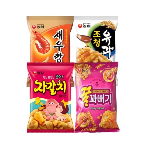 농심 새우깡 4개 + 조청유과 4개 + 꿀꽈배기 4개 + 자갈치 4개