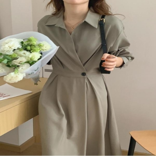 셀러허브 F006436_랩스타일 뒷밴딩 셔츠 롱원피스 정장원피스 원피스 여성원피스 치마_이미지