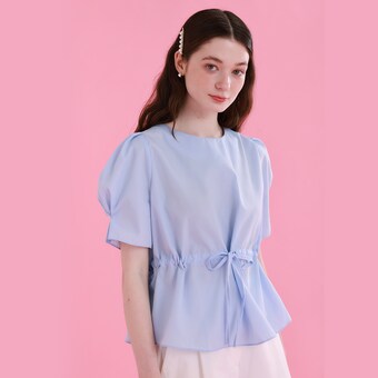비키 핀턱 <b>퍼프</b> 소매 허리 스트링 <b>블라우스</b> TGBAF2473