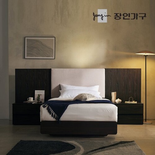 장인가구 까르뎅차콜 패브릭 호텔 평상형 LED침대 SS+800협탁 2개 (매트별도)_이미지