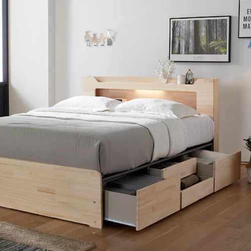  장인가구 시드니 편백나무원목 4서랍 수납 LED침대 Q [본넬스프링]
