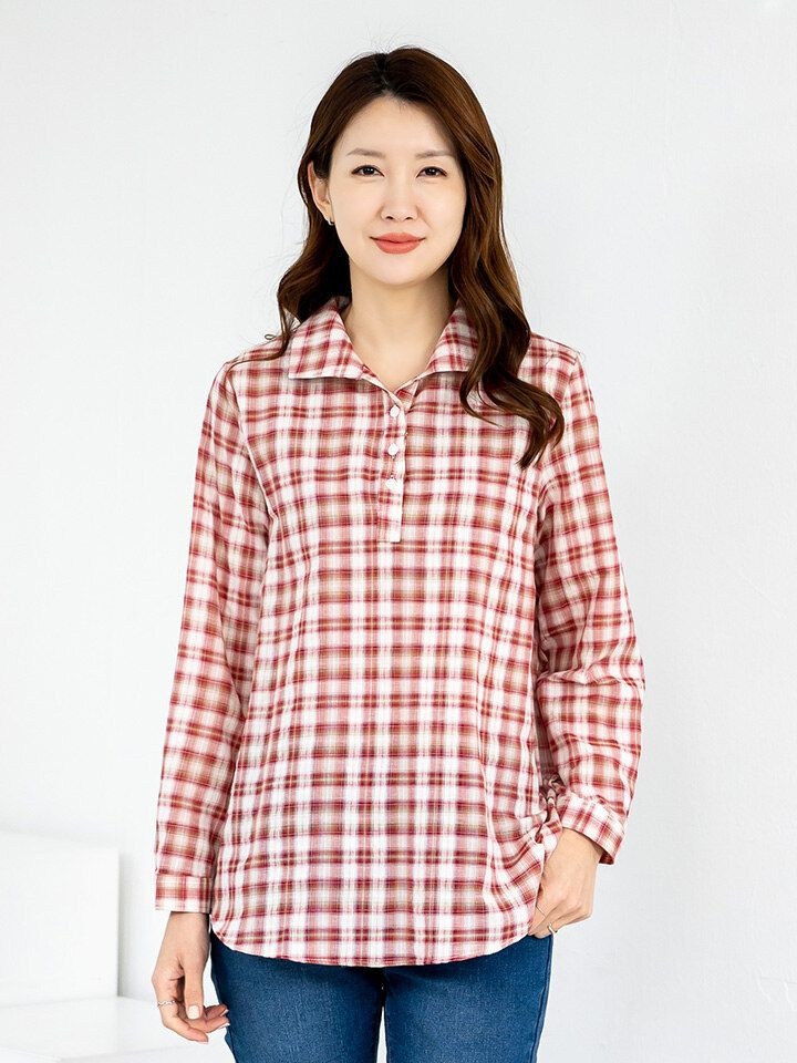 모슬린 엄마옷 남방 체크 반오픈 긴팔 면 603FGH046 마담/중년_이미지