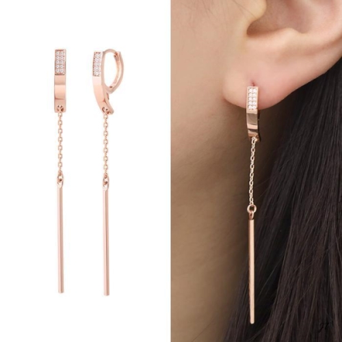 미니아트 14K 골드필드 핀 라인 스틱 체인 드롭 원터치링 귀걸이 16332021_이미지