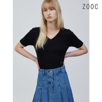 ZOOC 컬러 블록 브이넥 골지 풀오버 BK_Z252KSK036