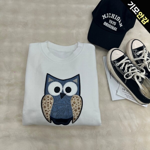 부엉이 패치 기모 맨투맨 티셔츠_O2512TS209D