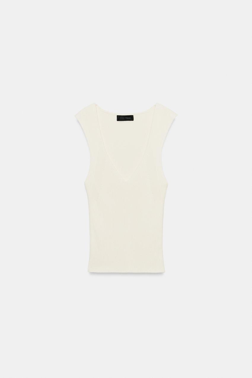 자라 국내 리브드 브이넥 니트 탑 화이트 6427/008/250 5380760