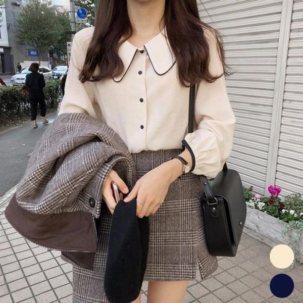 라인 여친룩 예쁜 블라우스 여자 소매 카라 배색 S37694977