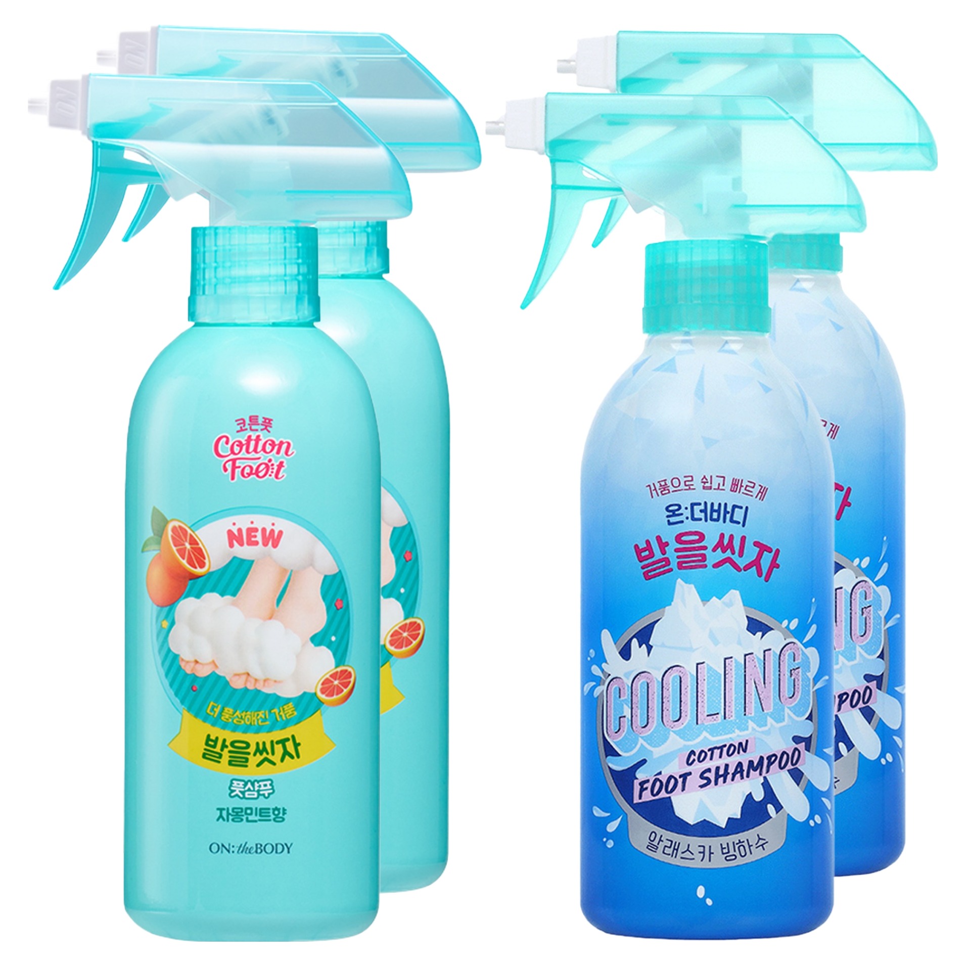 온더바디 코튼풋 발을 씻자 풋샴푸 자몽 민트향 385ml 2p + 쿨링 385ml 2p (1세트)_이미지