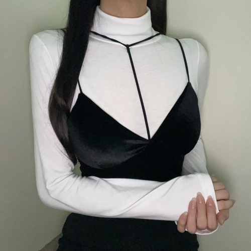 사틴 VANANA2 여성 두줄라인 벨벳 초커 뒷밴딩 이너 레이어드 캡나시 검정