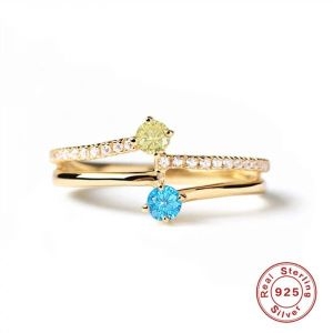 Anillos925 실버 반지 인스타그램 더블 레이어 다양한 색상의 라운드 지르콘 다목적 여성용 데일리