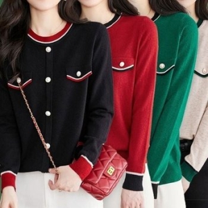 수프 여성 링 폴 진주 장식 원형넥 베이직스웨터 WFJTE38