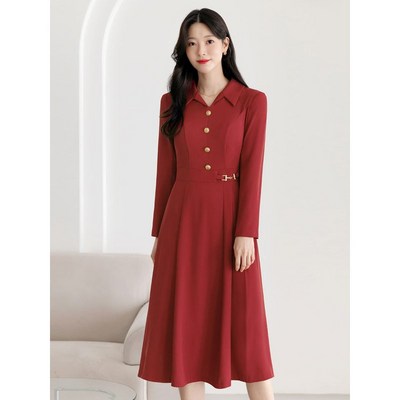 시크라인 루메니온 오픈카라 체인장식 하프플리츠 플레어 원피스 가을 하객룩 모임룩 격식룩 빅사이즈 L CLOC-O-108 레드 L_이미지