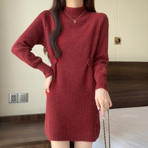 올리비에스클로젯 허리 비조 반목 니트 원피스_O2411OP100D_이미지