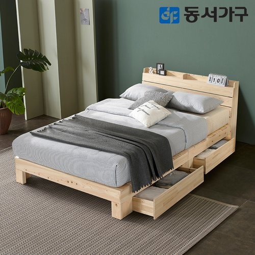 동서가구 힐링 히노끼 편백나무 수납헤드 평상형 서랍 침대 Q (9존독립스프링)_이미지