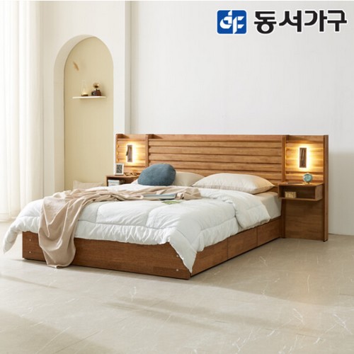 파로마 네오 리멜 원목 호텔식 수납 침대 Q+조명협탁2개 (매트별도)_이미지