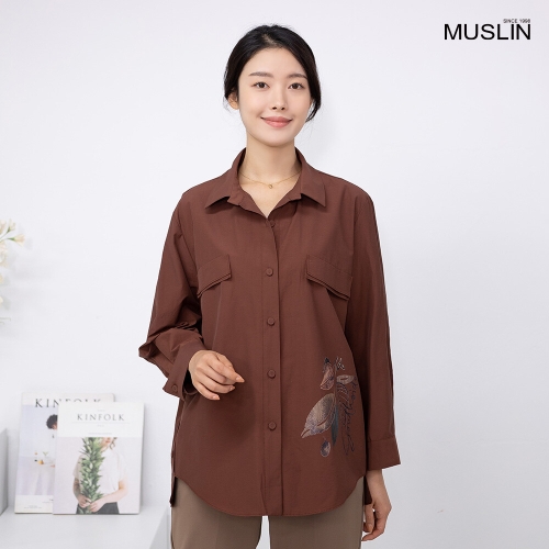 모슬린 엄마옷 면 나뭇잎 카라 남방 NB613643 중년여성/50대/60대/70대/빅사이즈/할머니옷_이미지