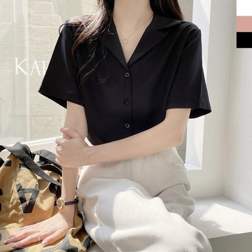 깔끔한 여성 데일리 카라 반팔 블라우스 하객코디 WEC8288