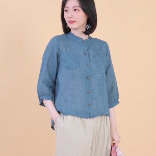 애비뉴투지 엄마옷 린넨 아마 모시 라운드 헨리넥 시스루 남방 여성 여름 칠부 블라우스 B08346 50대 60_이미지
