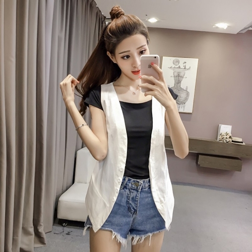 토파즈 토파즈 TT0755 여자 여름 마 린넨 면 혼방 미디 롱 노카라 슬림 포켓 단추 베스트 조끼 데일리룩_이미지