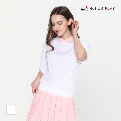 홀릭앤플레이 여성 우븐소매 변형 라운드 티셔츠_HE2WTS007