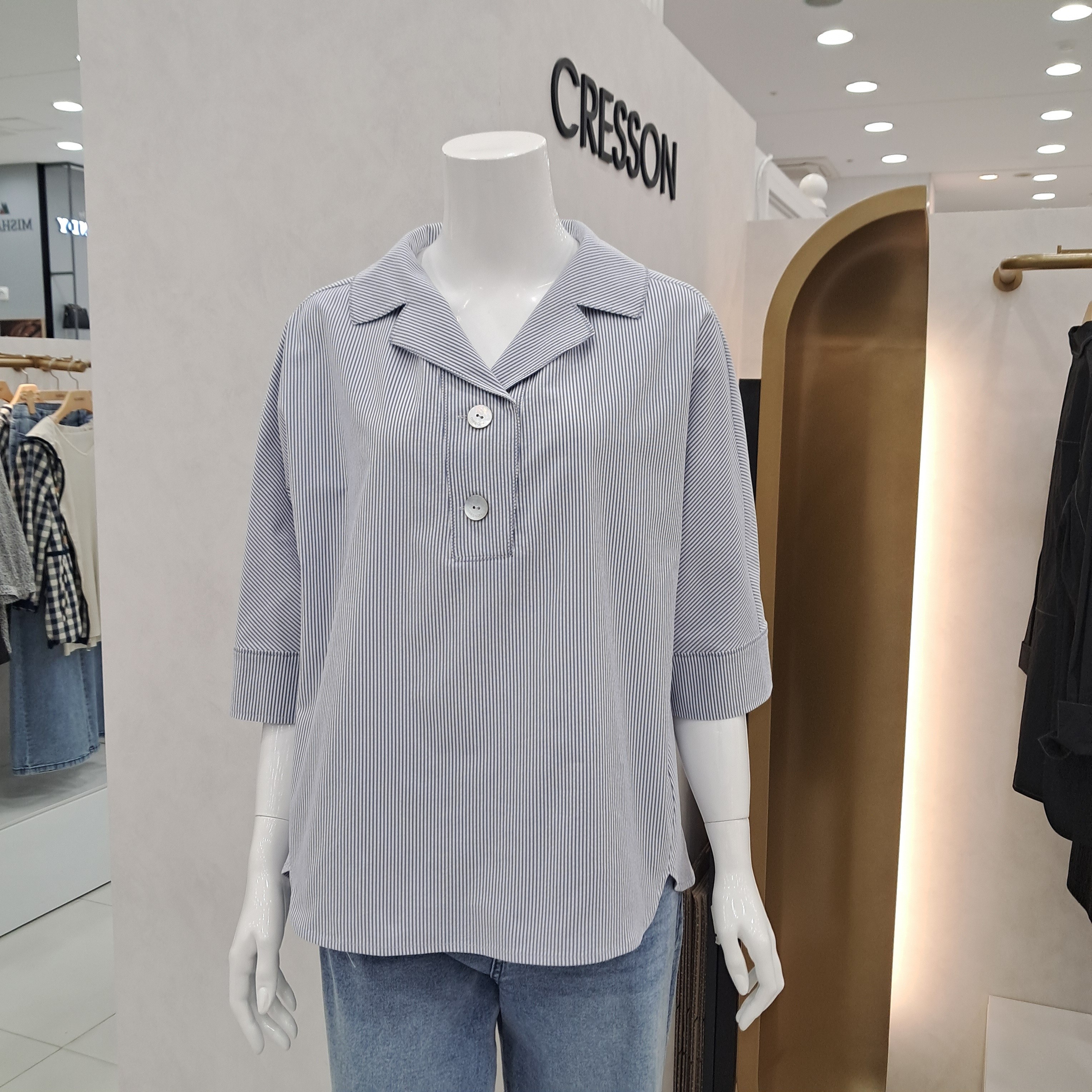 크레송 세로 스트라이프 박시 블라우스 ODCPBP77_DG