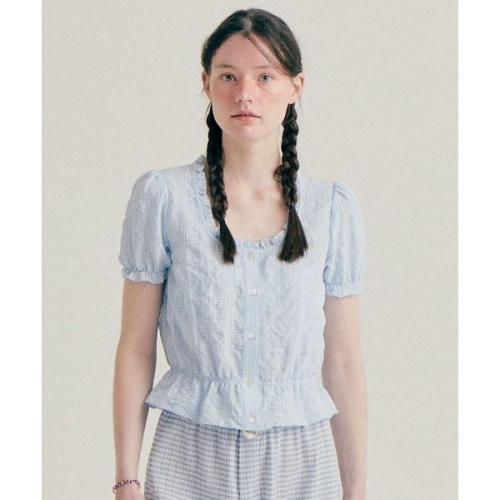  벤시몽 CHECK PATTERN FRILL BL우즈 우즈 OUSE SKY BLUE 538385 196724