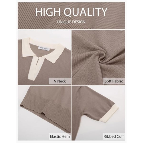 케이트 카신 여성 반팔 폴로 스웨터 V넥 니트 탑 캐주얼 리브드 셔츠 루즈 풀오버 스웨터 122824_이미지