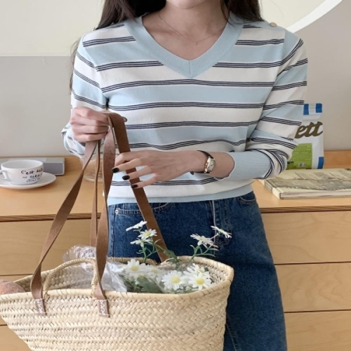 수프 KDT6C3A로라베 일상복 줄무늬 학원룩 V넥 링 스웨터 여성
