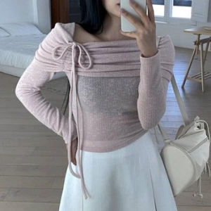 KMT8A57무용 쇄골 나 시스루 타이트 리본 셔링티셔츠