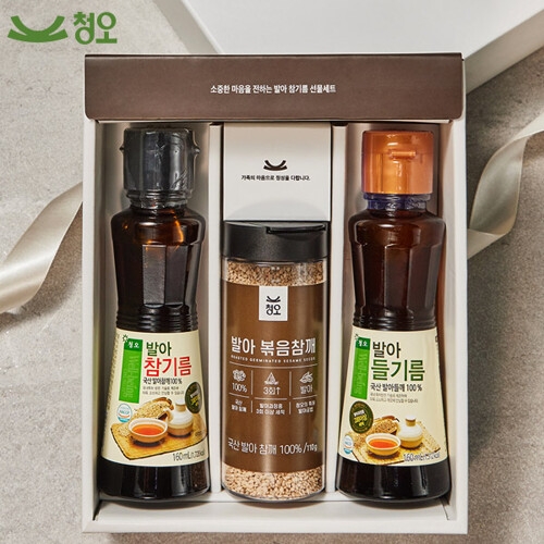 청오 국산 참기름 세트 3호 발아참기름 160ml+발아들기름160ml+발아볶음참깨110g