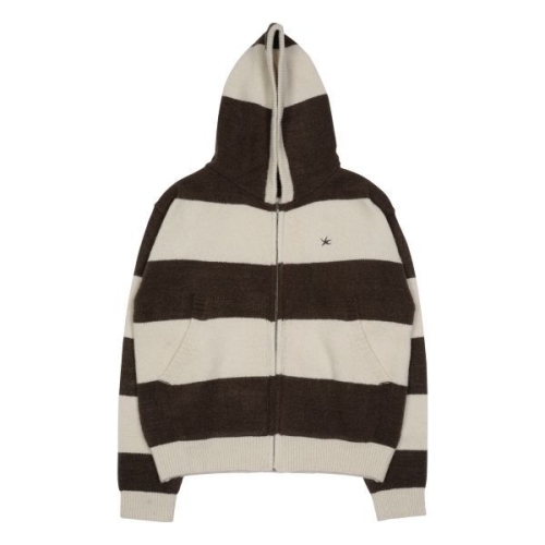 THE 26�� ��� COLDEST MOMENT TCM stripe knit hooded zip-up brownivory 25082..