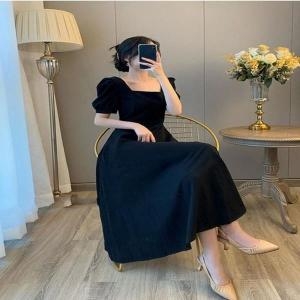 ONM 여성 블랙 롱 원피스 하객룩 플레어 스퀘어넥 반팔 S10383439