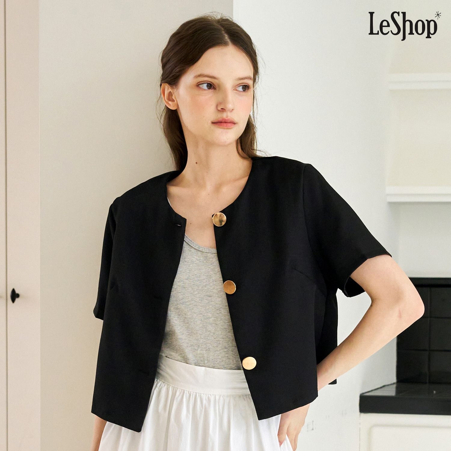 르샵 여성 골드 버튼 반팔 트위드 자켓 DQ2JK002A