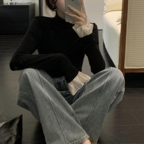 더블디 여성 소매 레이스 반폴라 슬림핏 티셔츠 TDN-0124 40015714A_이미지