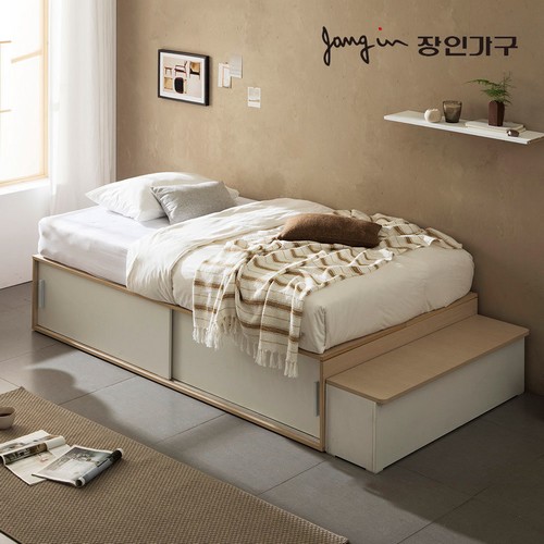 장인가구 벤스 슬라이딩 높은 빅수납 계단수납형 침대 SS (본넬스프링)_이미지